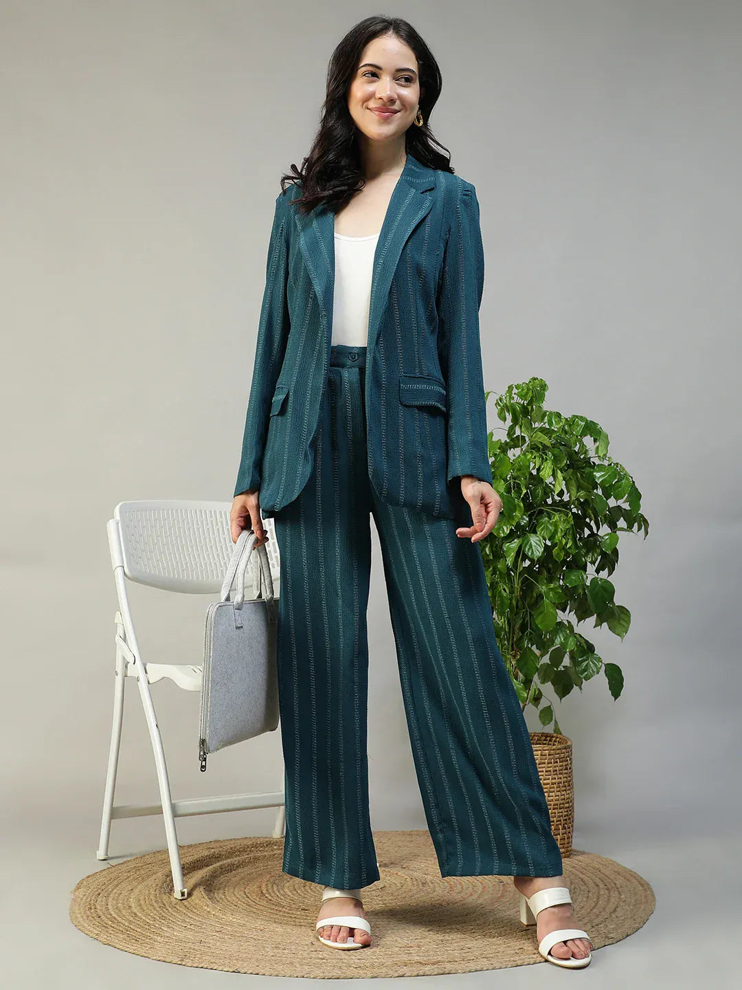 Teal Stripe Co Ord Set | Blazer & Pant