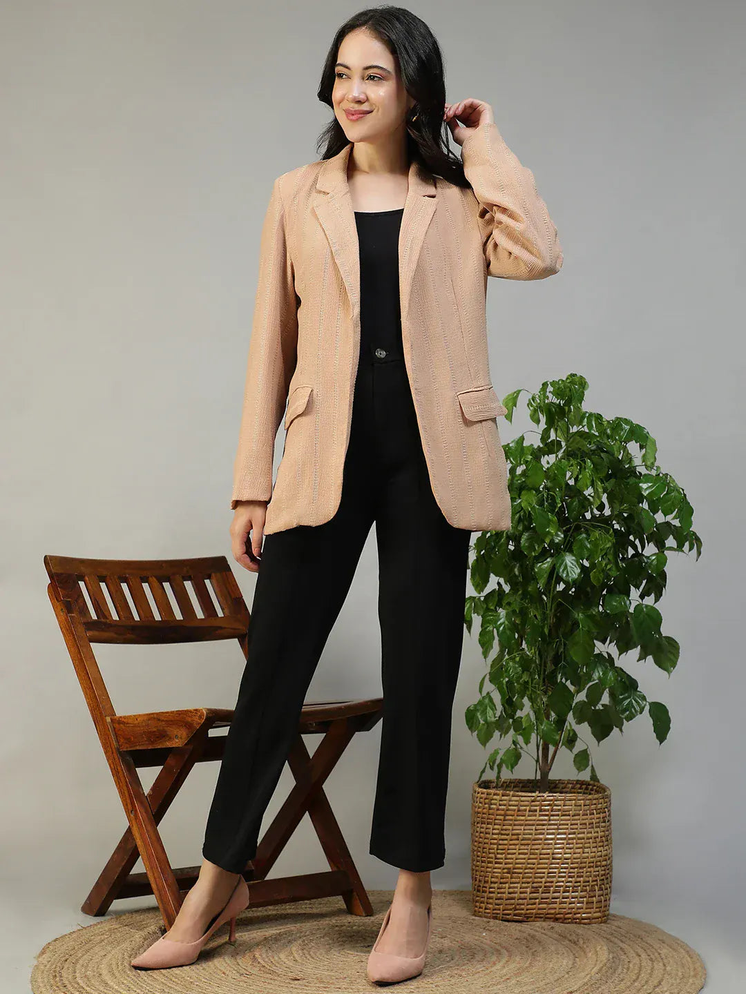 Women Beige Stripe Blazer