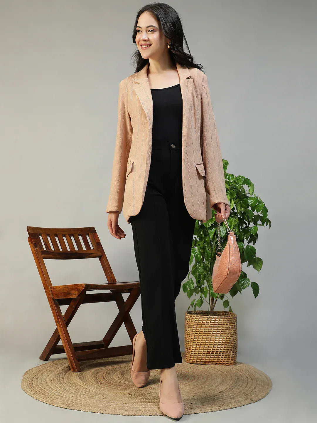 Women Beige Stripe Blazer