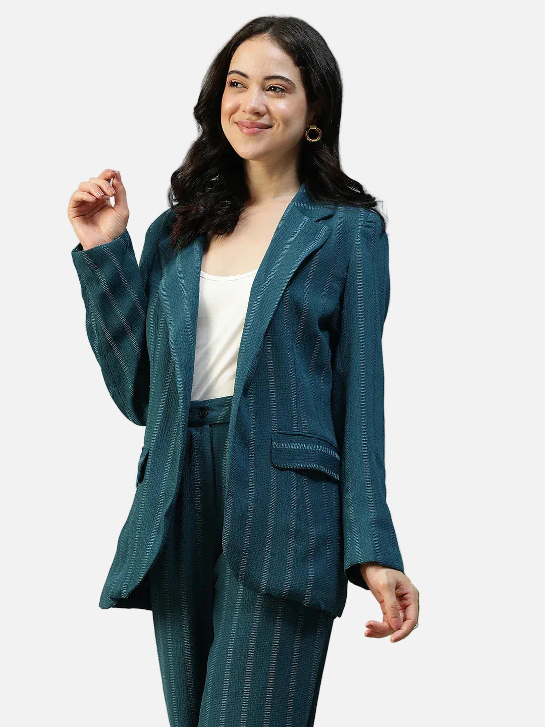 Women Teal Stripe Blazer