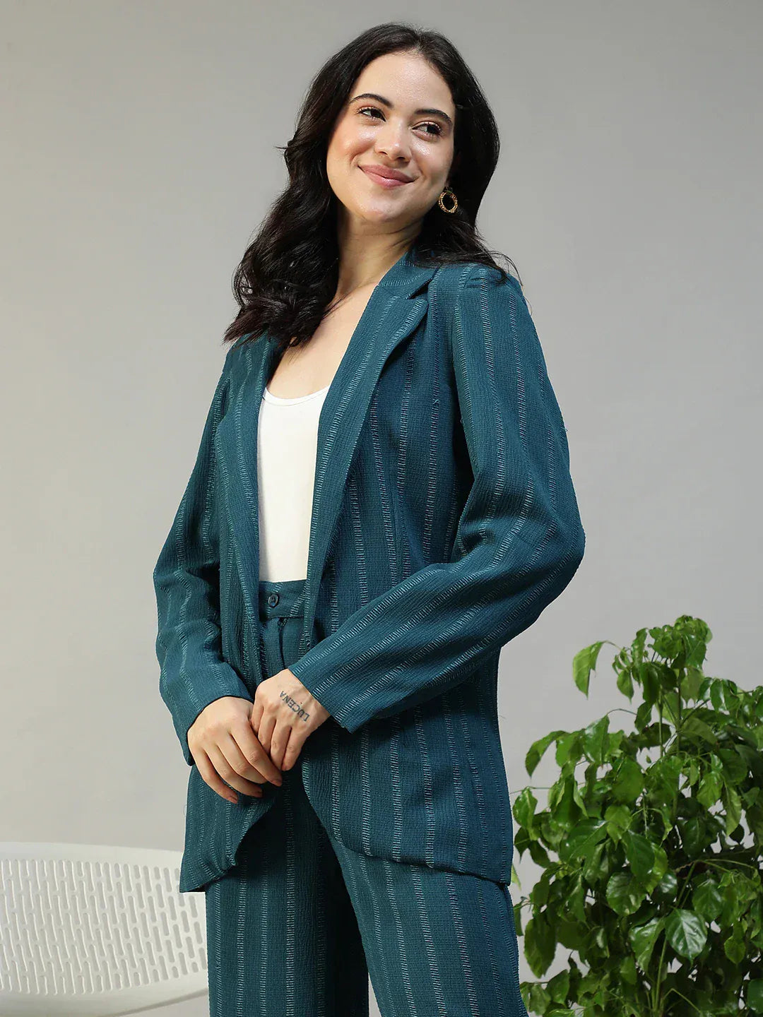 Women Teal Stripe Blazer