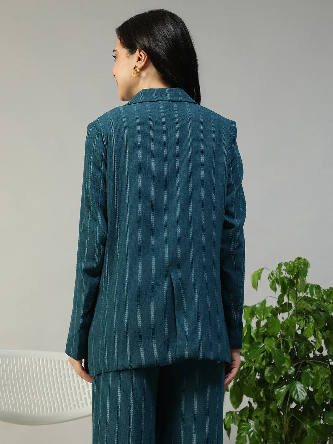 Women Teal Stripe Blazer