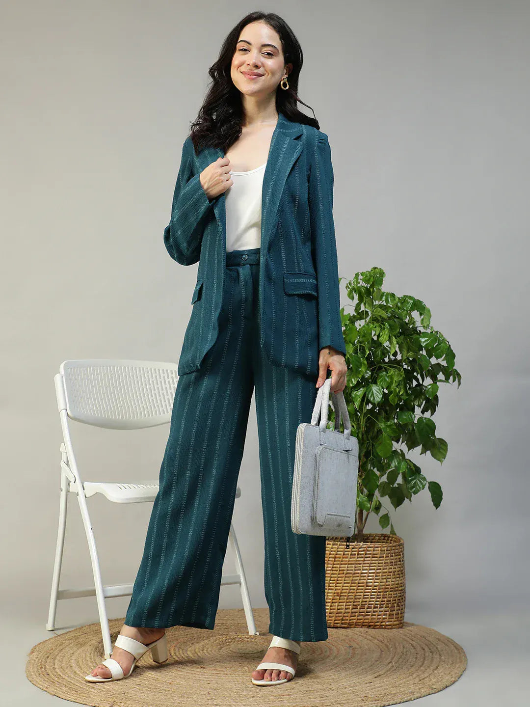 Women Teal Stripe Blazer