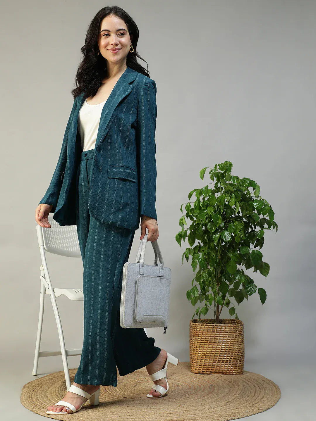 Women Teal Stripe Blazer