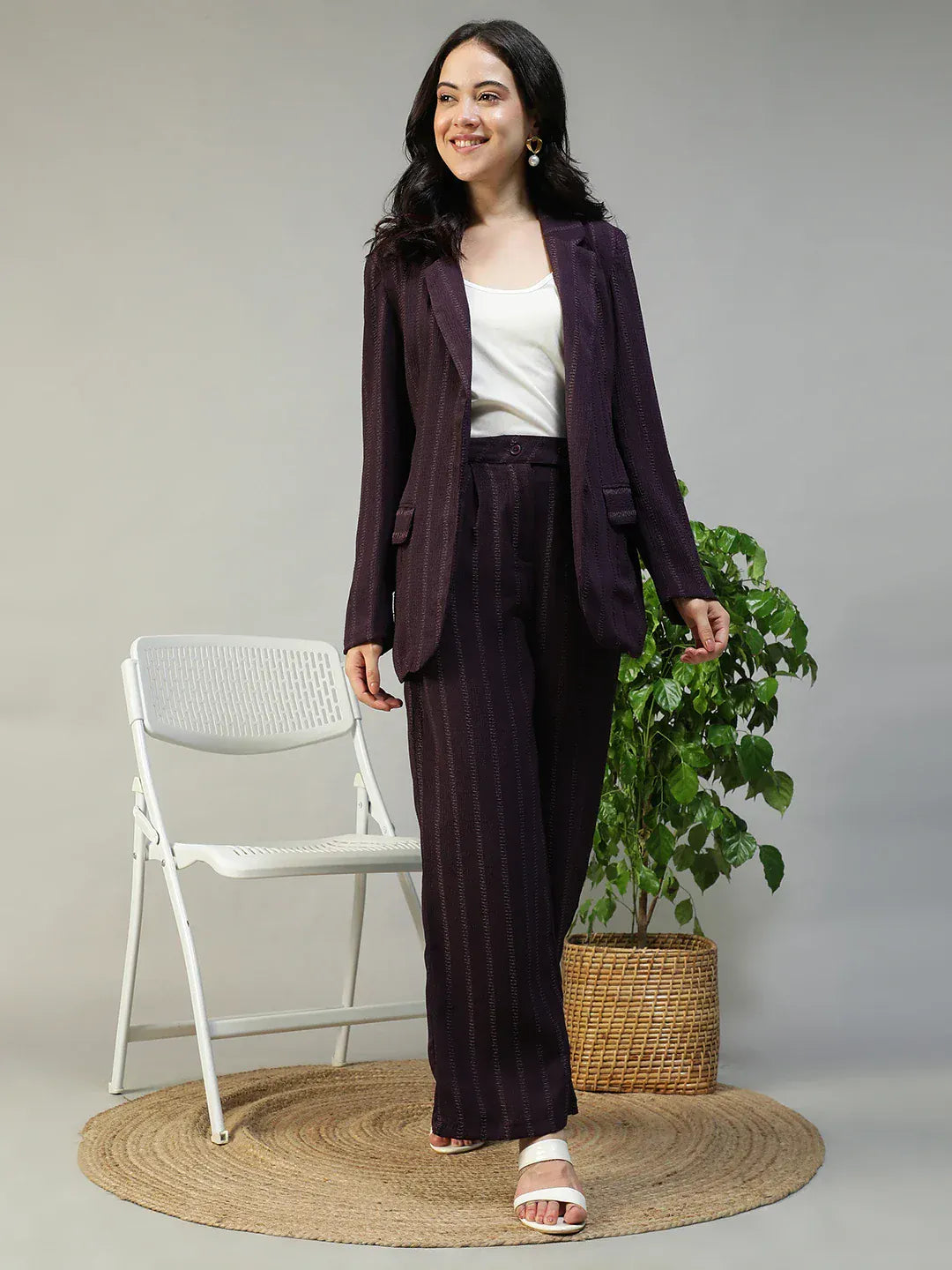Women Purple Stripe Blazer