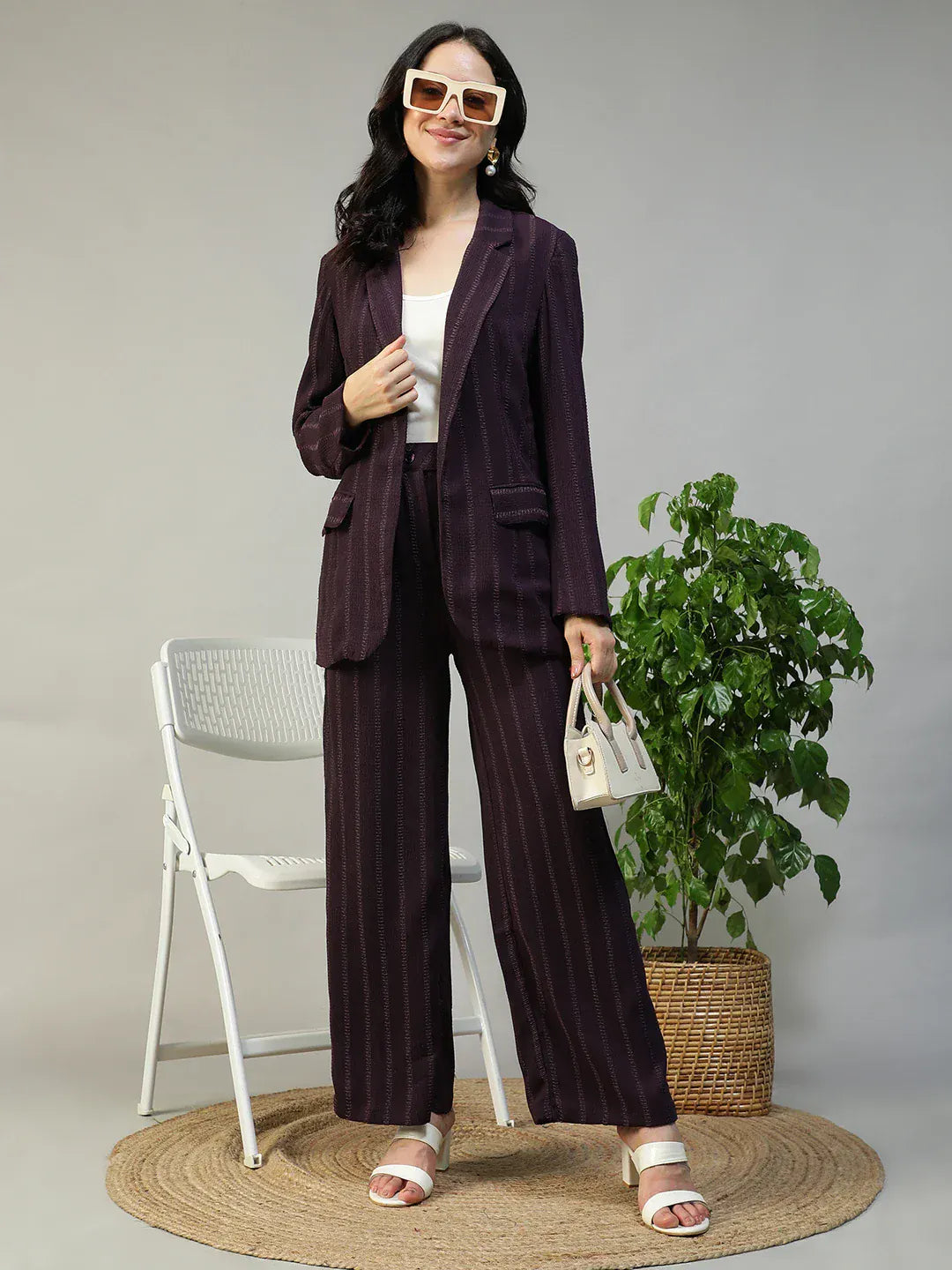 Women Purple Stripe Blazer