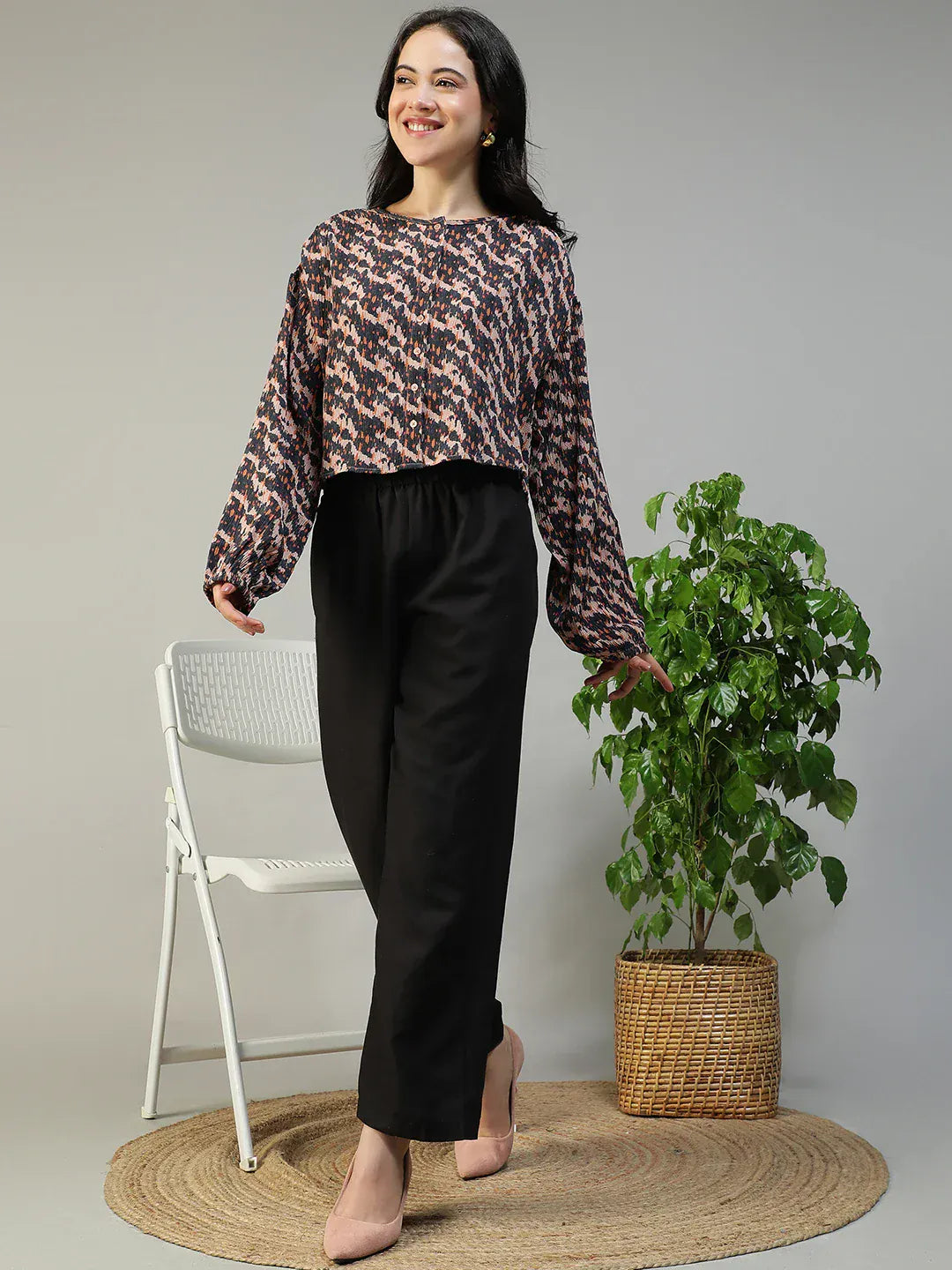 Women Brown Abstract Print Top