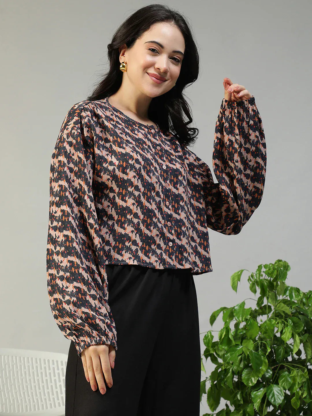 Women Brown Abstract Print Top