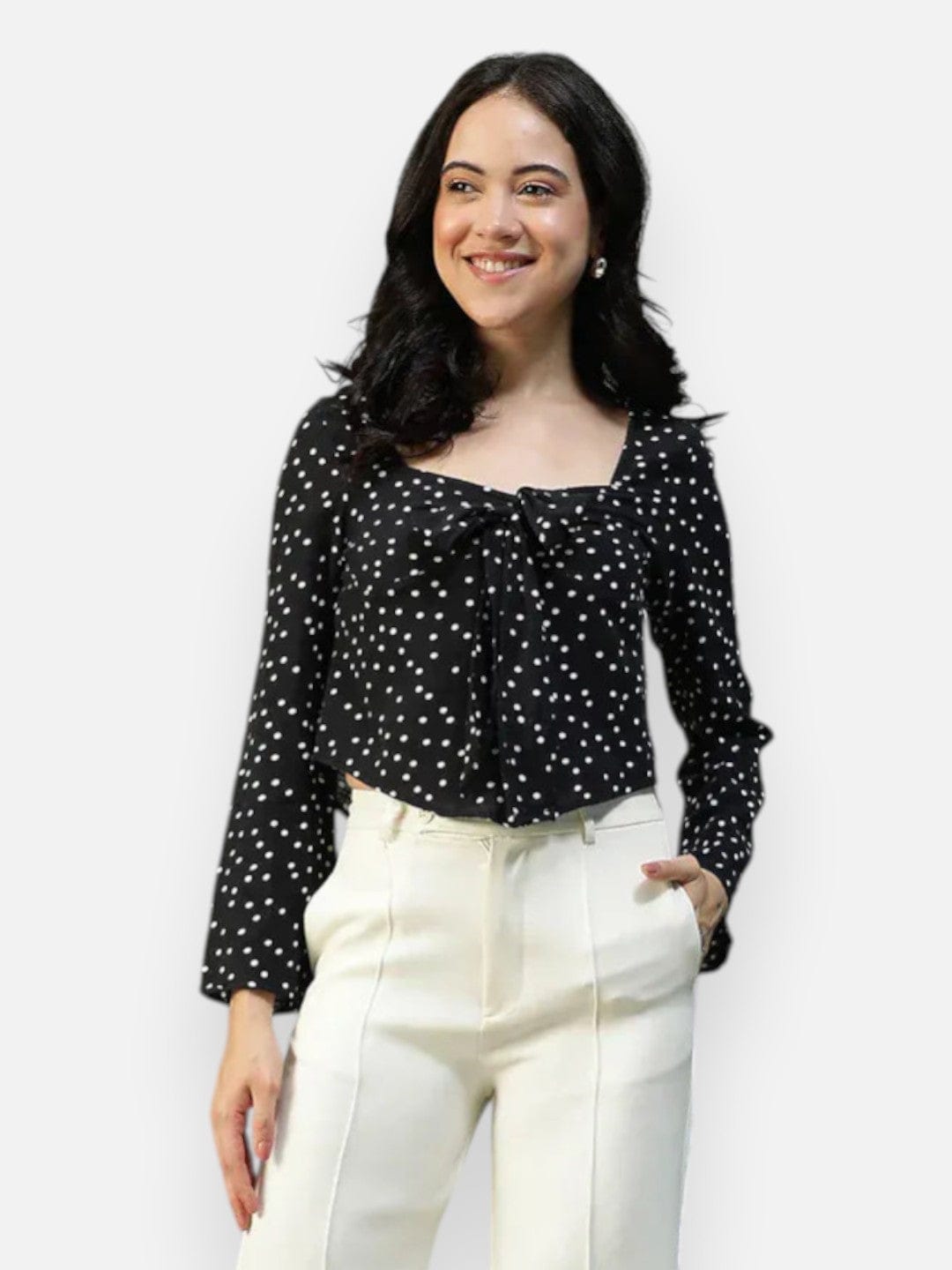Women Black Dot Print Cotton Top