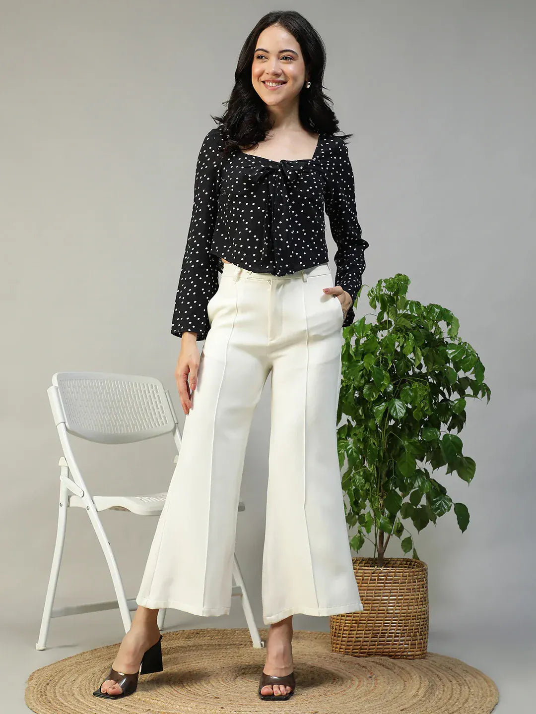 Women Black Dot Print Cotton Top