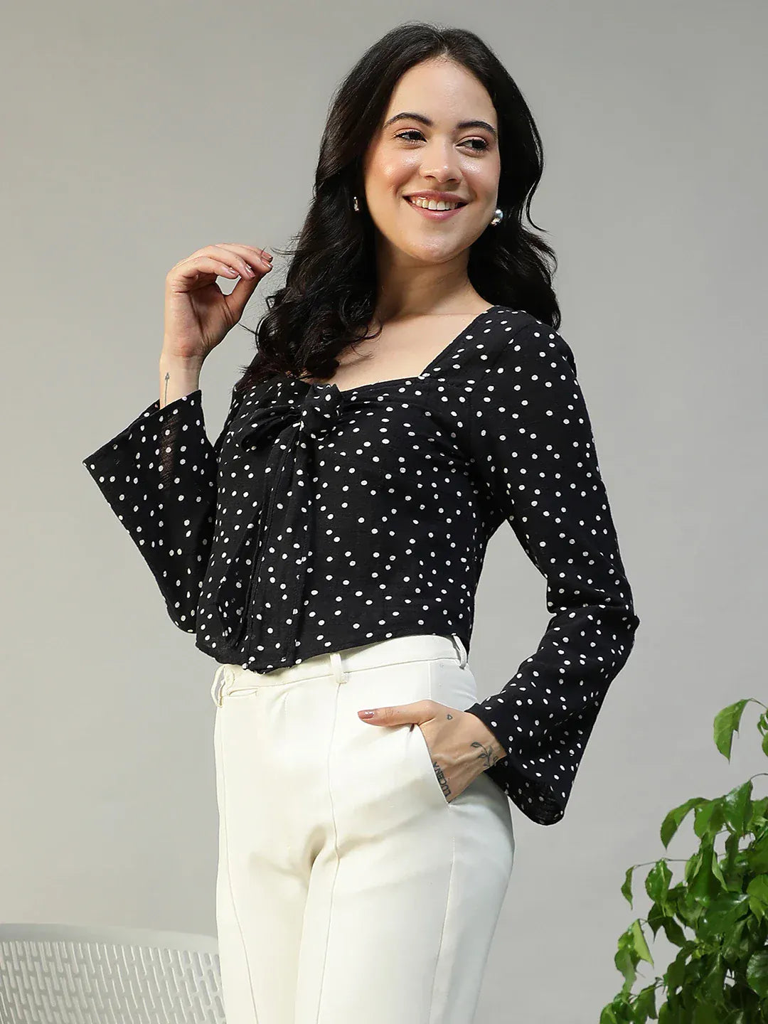 Women Black Dot Print Cotton Top