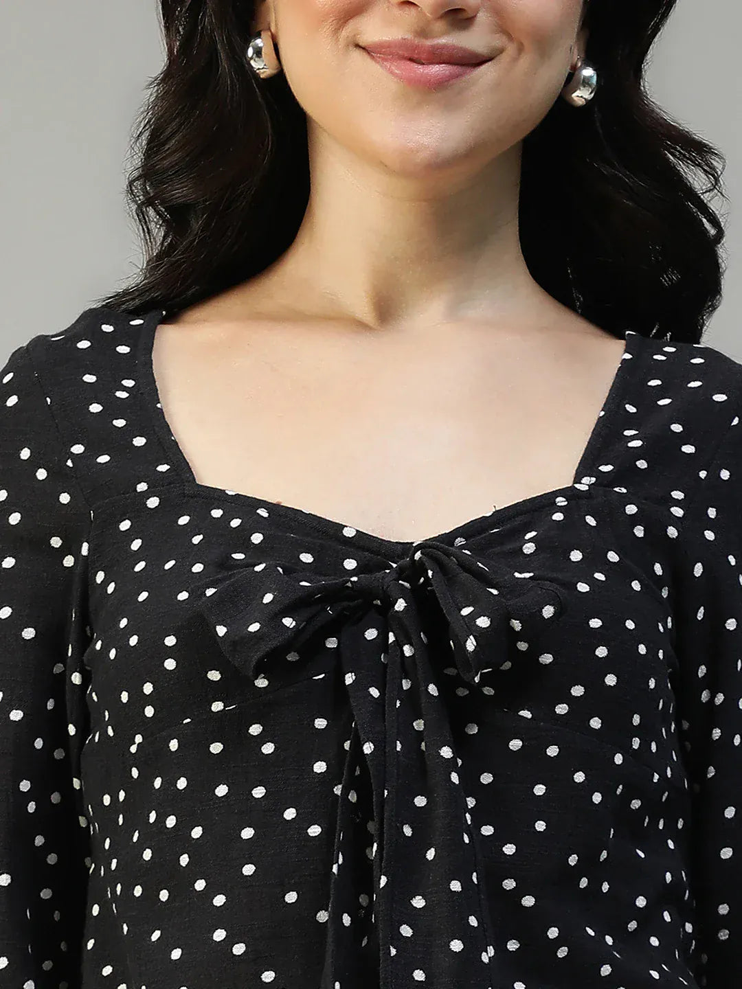 Women Black Dot Print Cotton Top