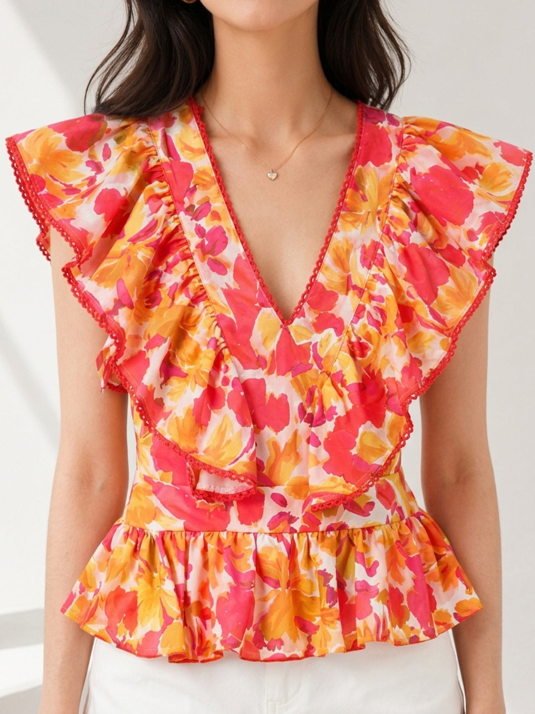 Floral ruffle top with V-neck and red trim, plus size women's fashion