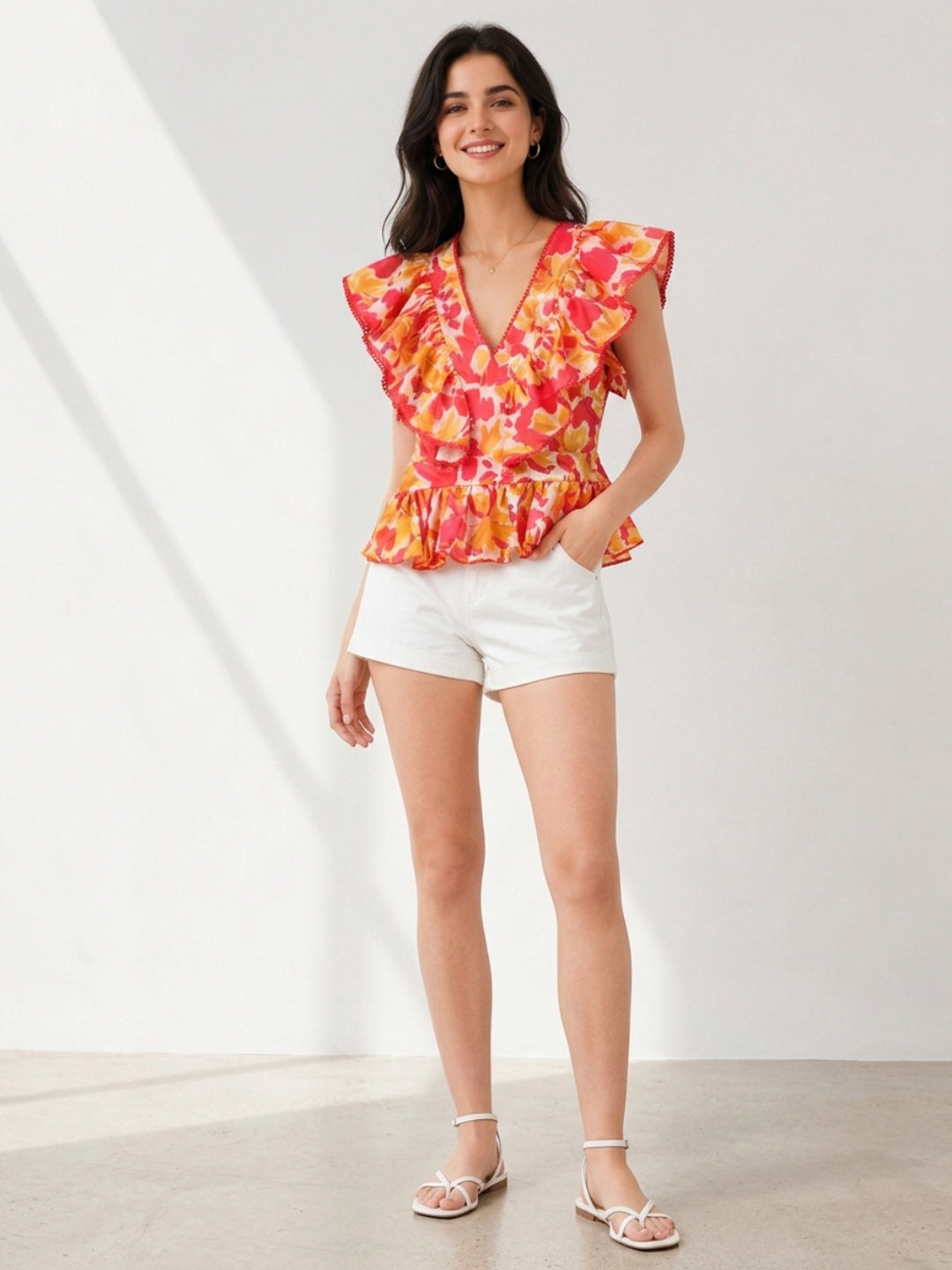 Floral ruffle top with white shorts, summer women's fashion outfit