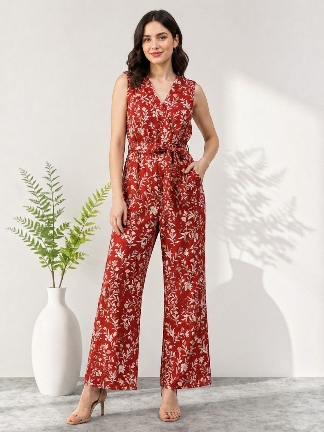 Red Floral Print Jumpsuit
