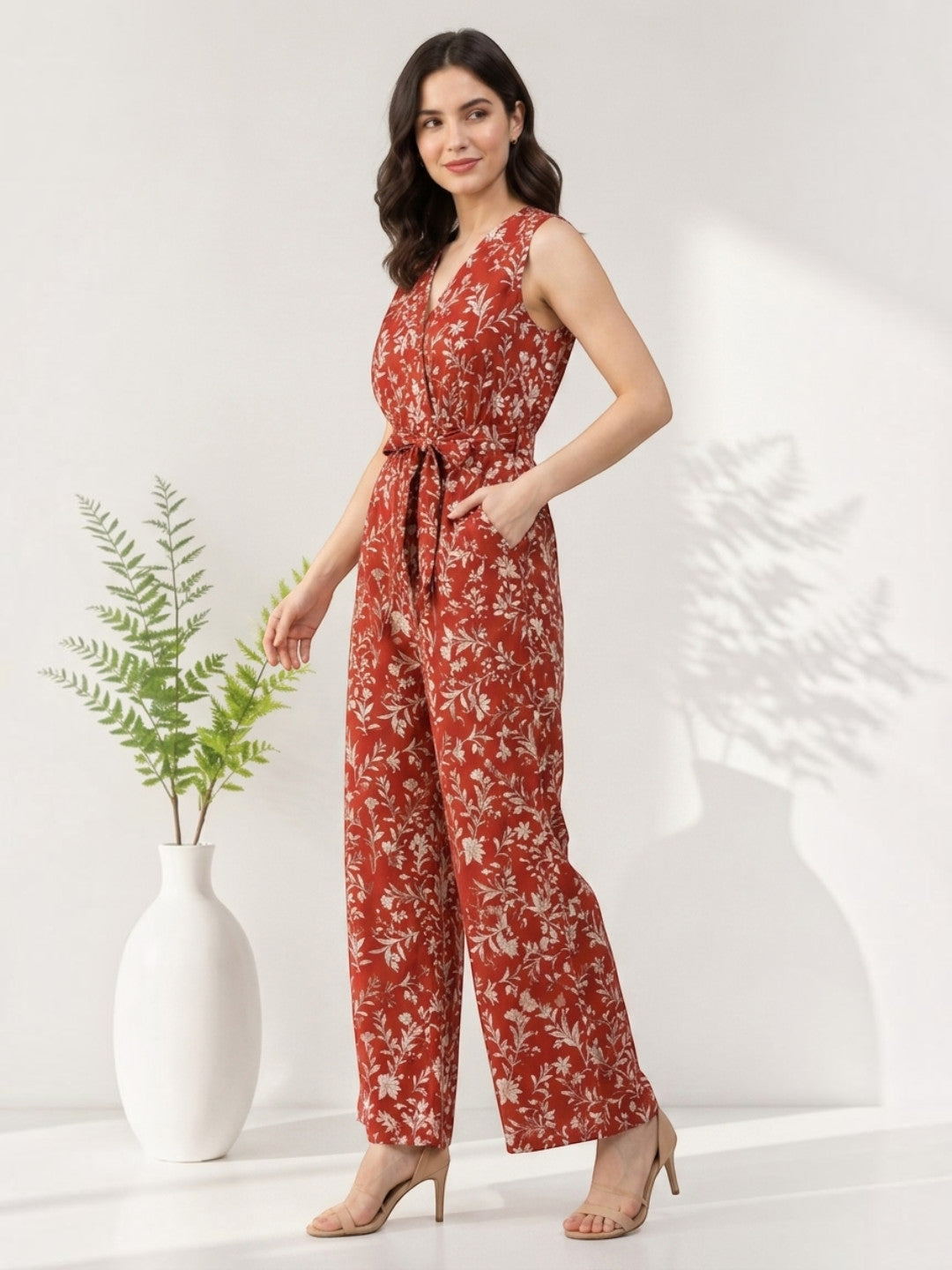 Red Floral Print Jumpsuit