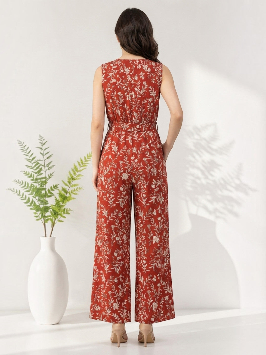 Red Floral Print Jumpsuit