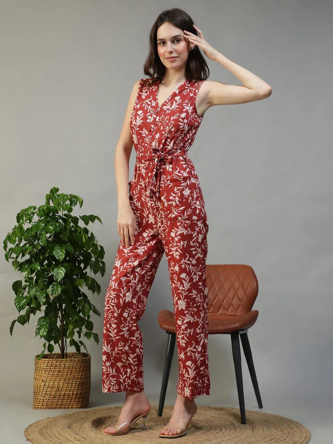 Red Floral Print Jumpsuit