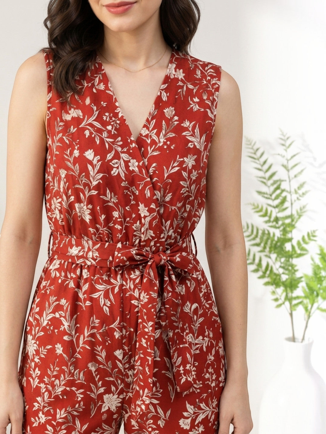 Red Floral Print Jumpsuit