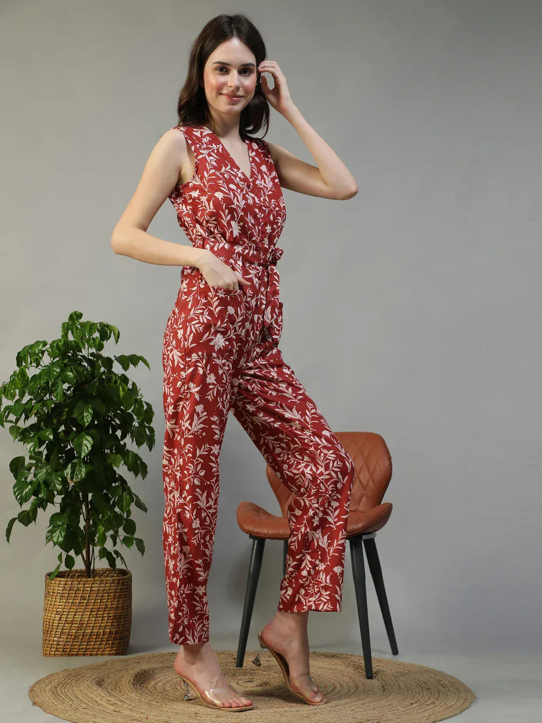 Red Floral Print Jumpsuit