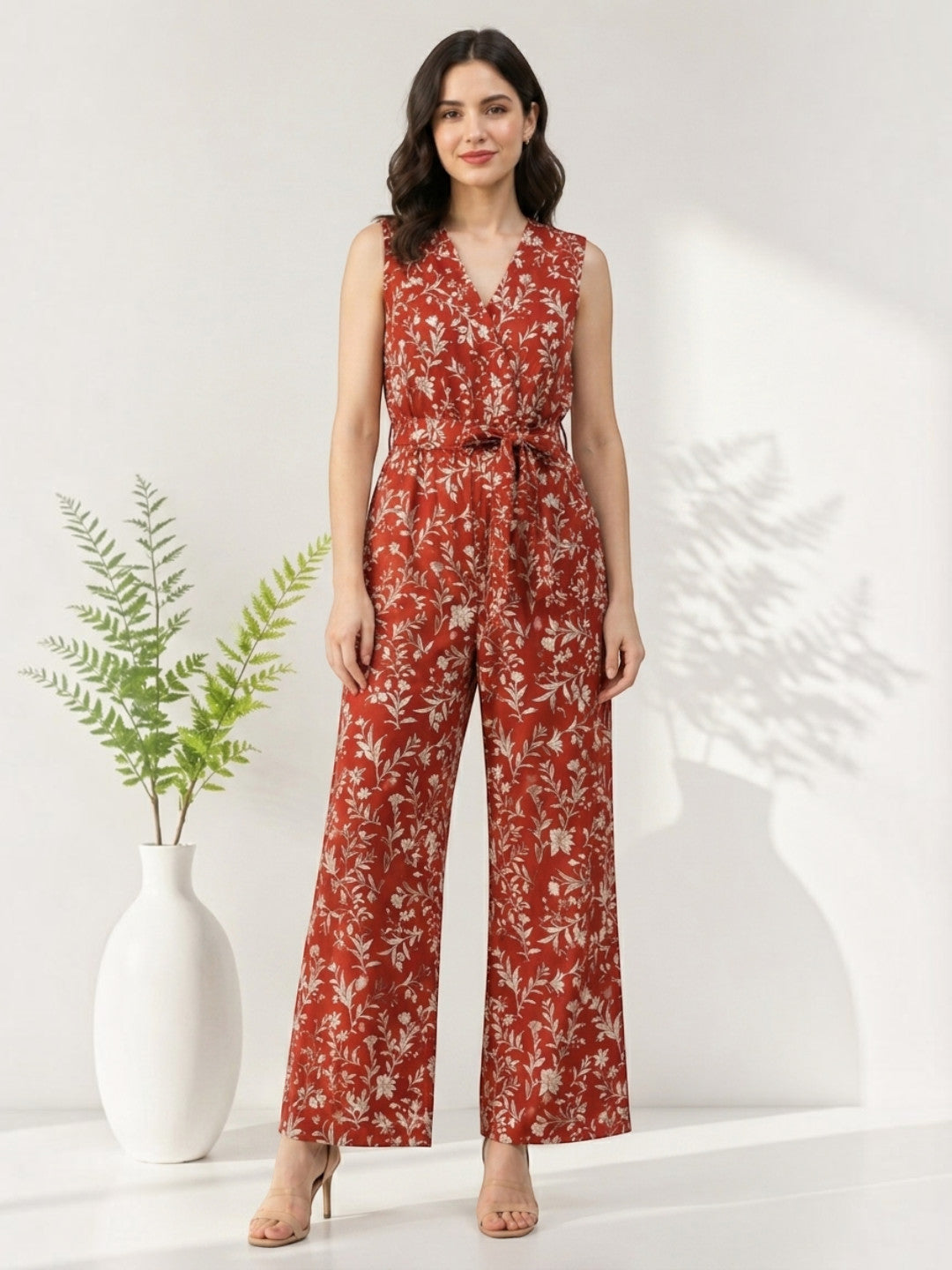 Red Floral Print Jumpsuit