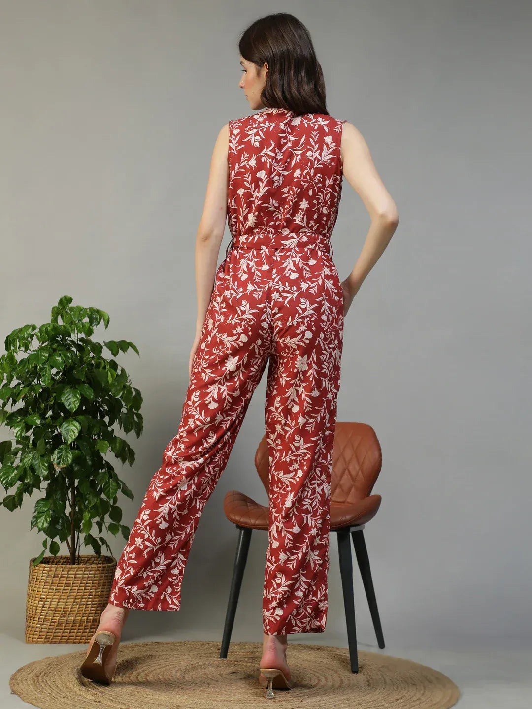 Red Floral Print Jumpsuit