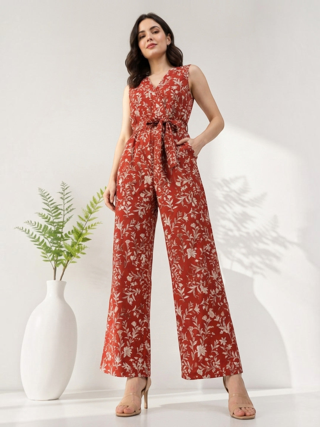 Red Floral Print Jumpsuit