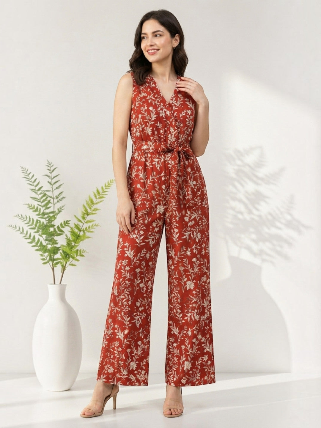 Red Floral Print Jumpsuit