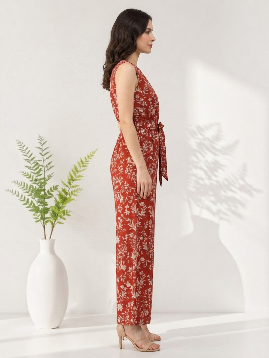 Red Floral Print Jumpsuit