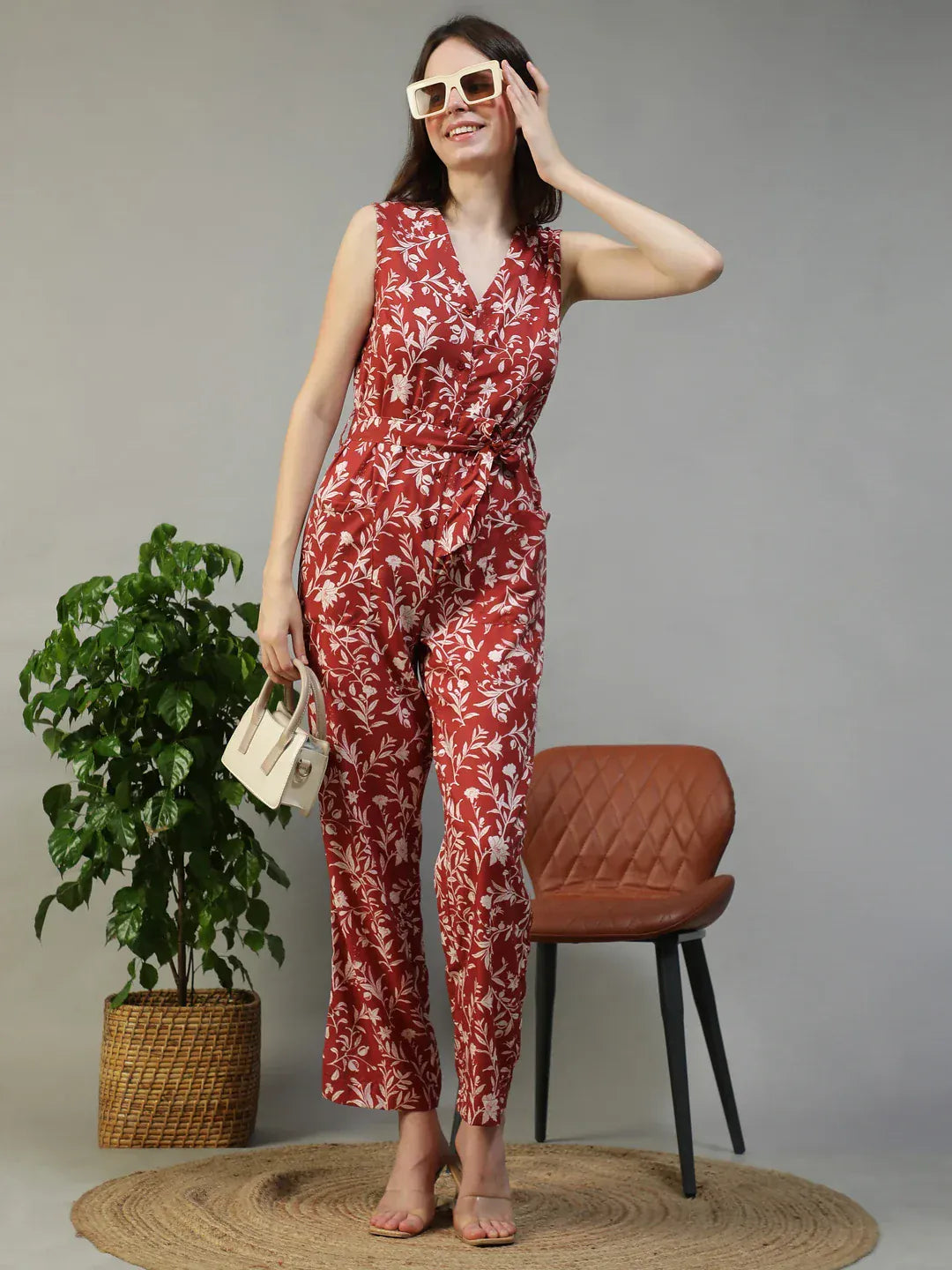 Red Floral Print Jumpsuit