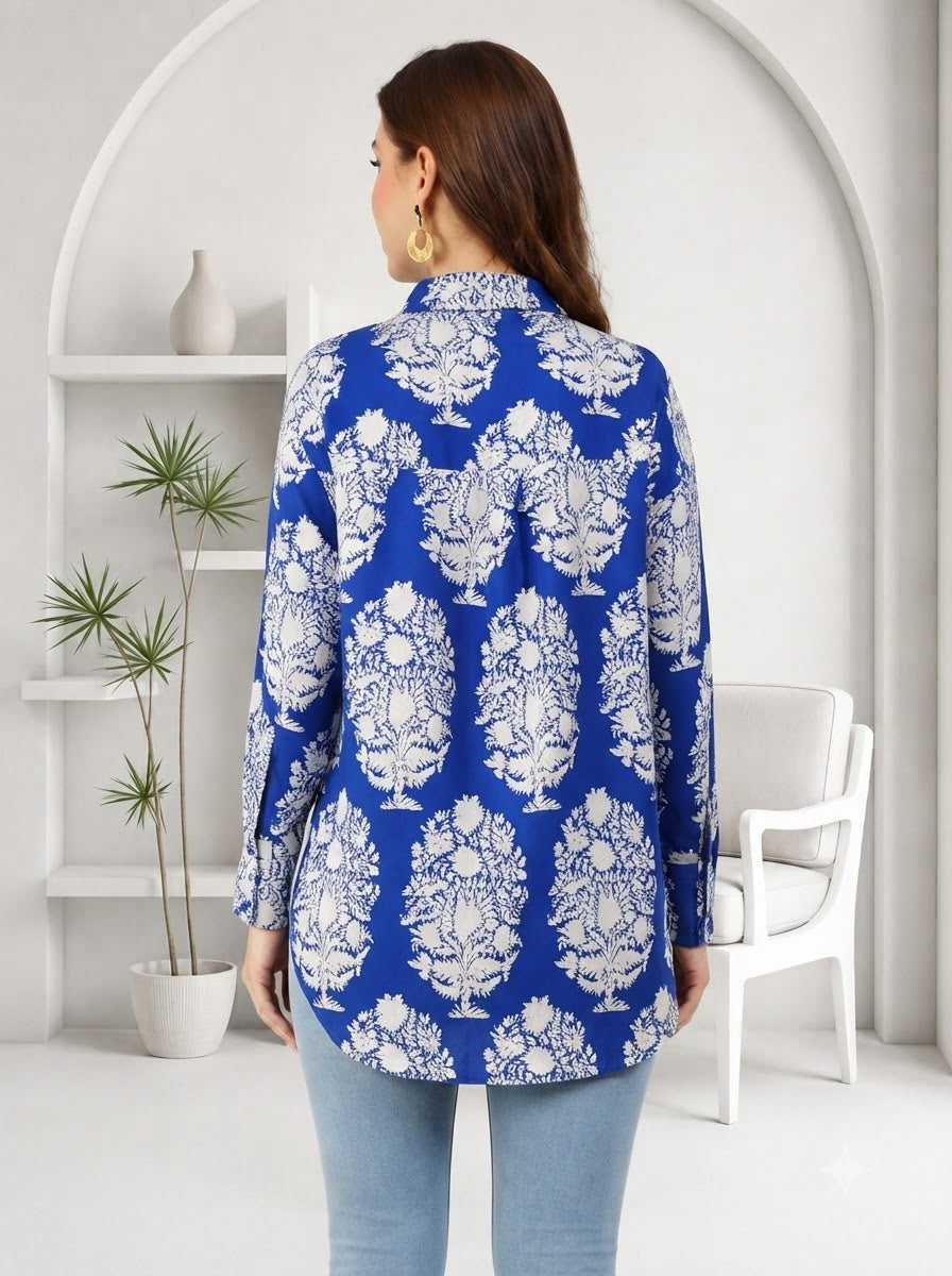 Blue and white floral print long sleeve blouse for women, stylish casual top
