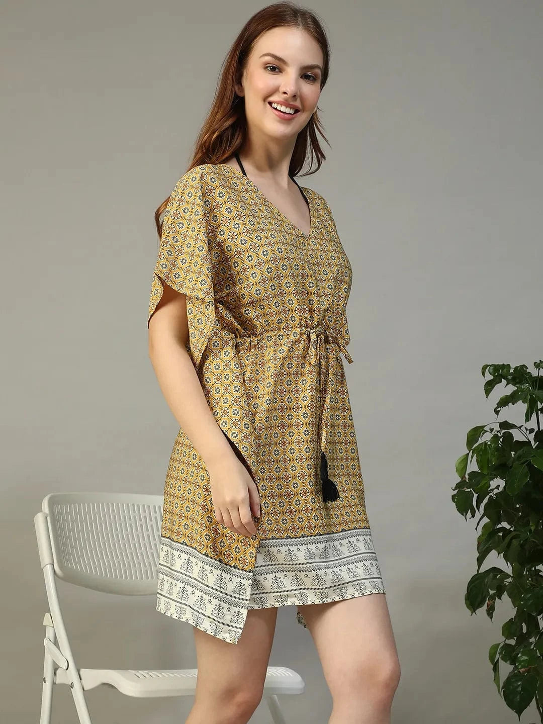 Yellow Geometric Abstract Print Beachwear Dress