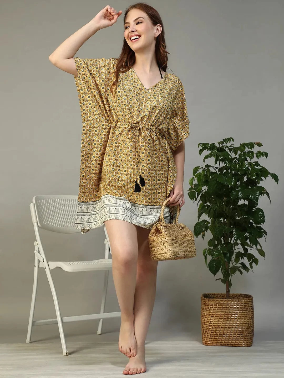 Yellow Geometric Abstract Print Beachwear Dress