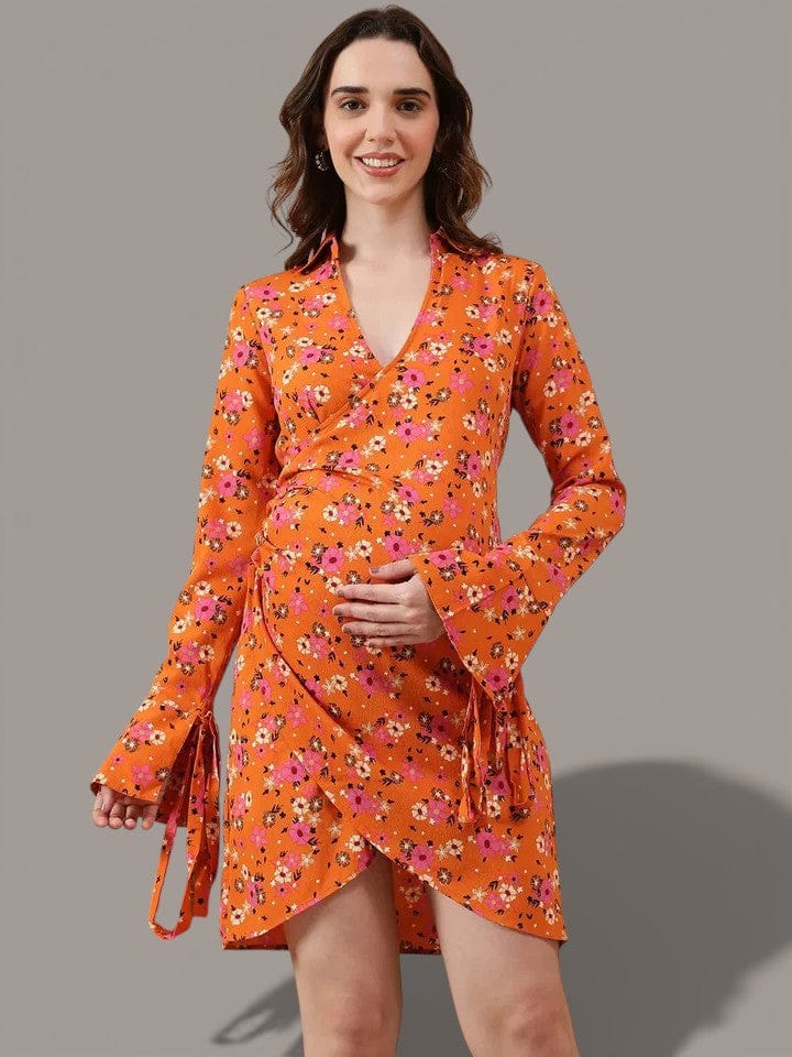 Orange Floral Print Maternity Dress