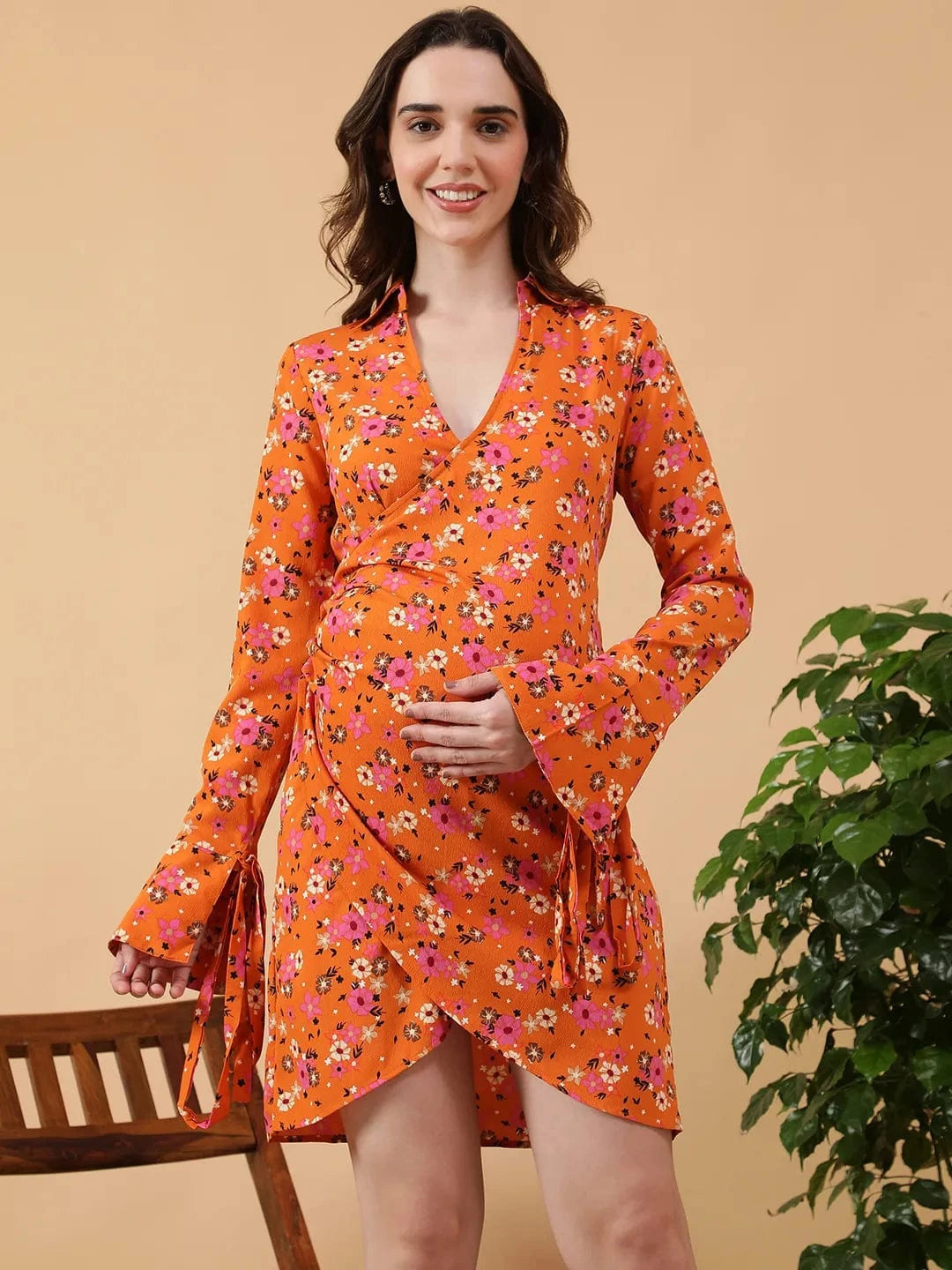Orange Floral Print Maternity Dress