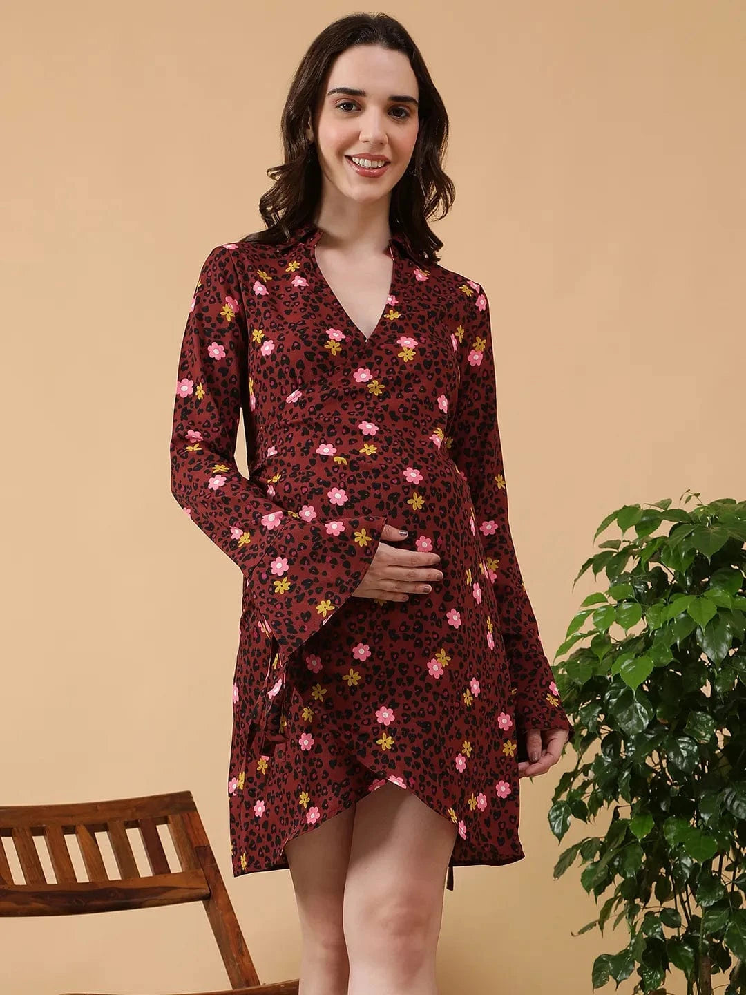 Maroon Floral Print Maternity Dress