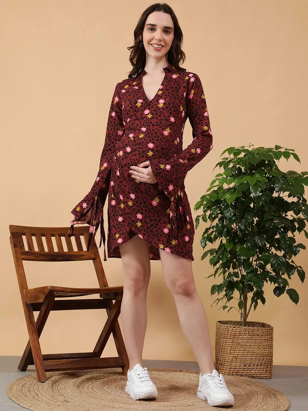 Maroon Floral Print Maternity Dress