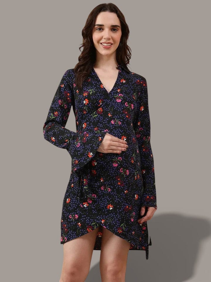 Blue Floral Print Maternity Dress