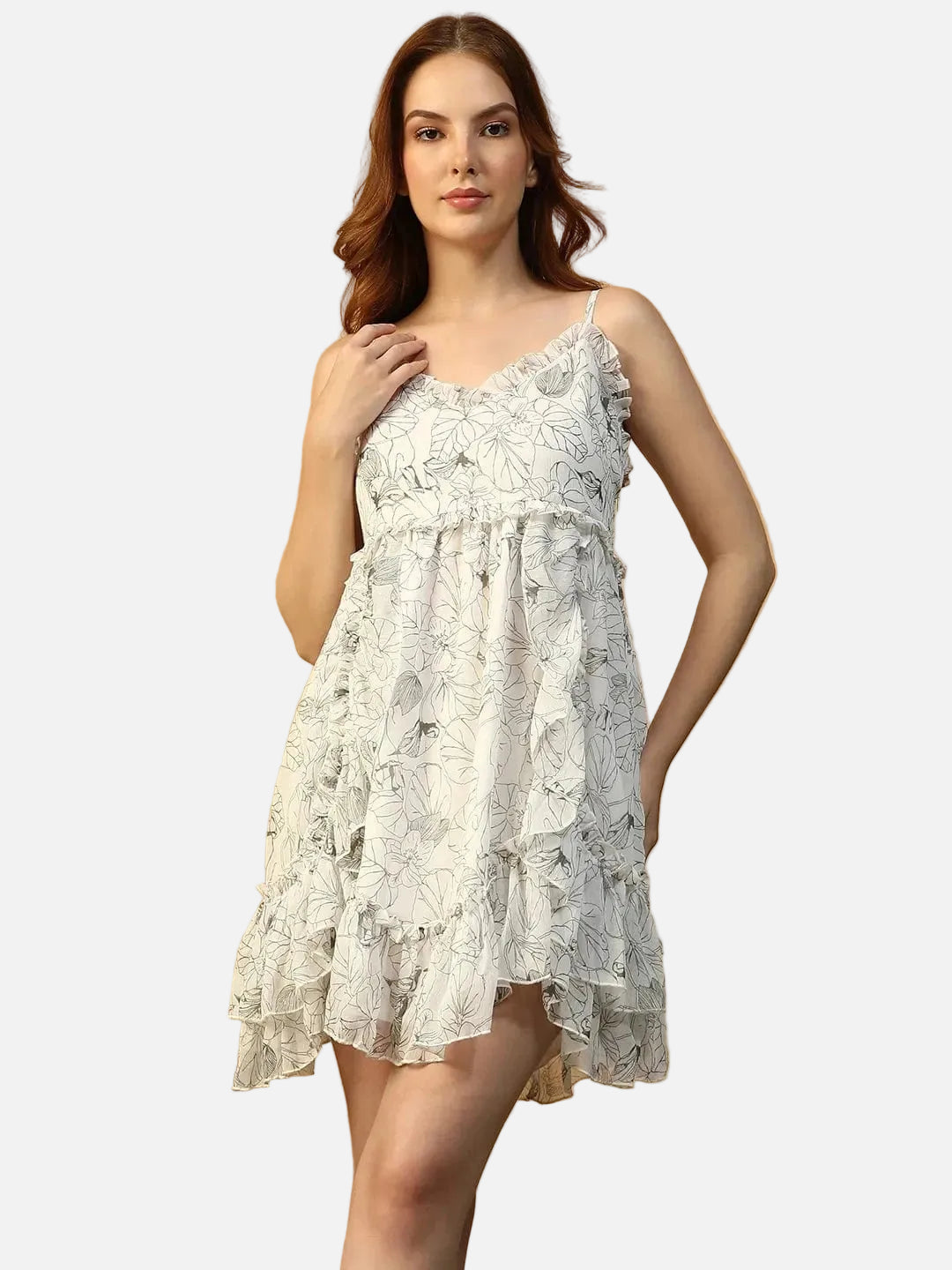 White Floral Print Nightwear Dress