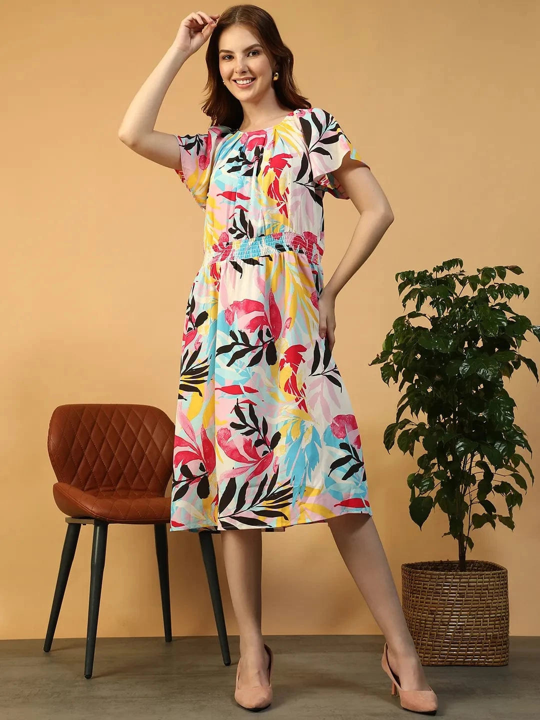 Women Multicolor Tropical Print Dress