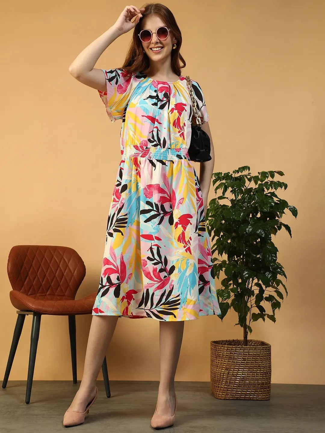 Women Multicolor Tropical Print Dress