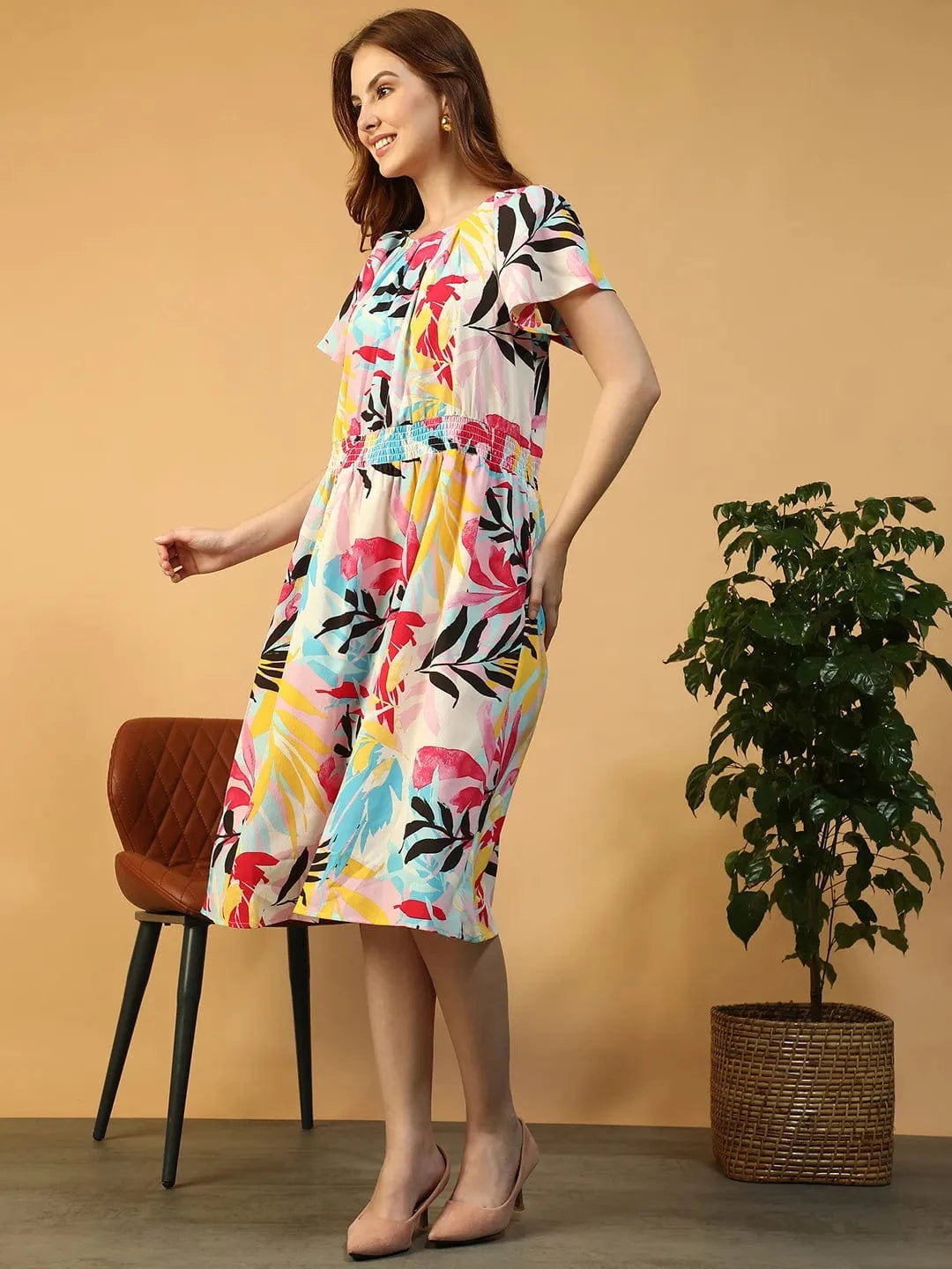 Women Multicolor Tropical Print Dress