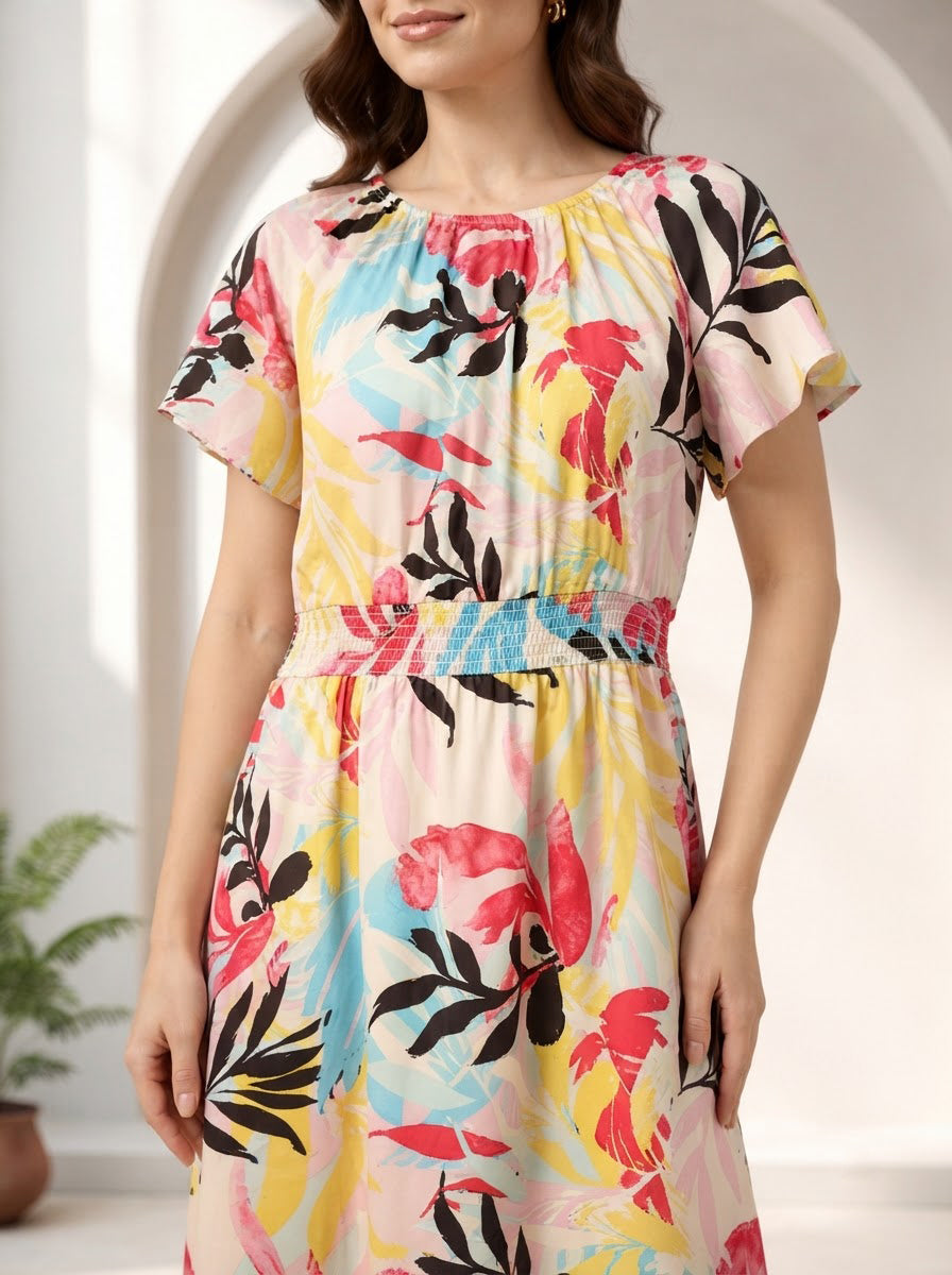 Women Multicolor Tropical Print Dress Oxolloxo