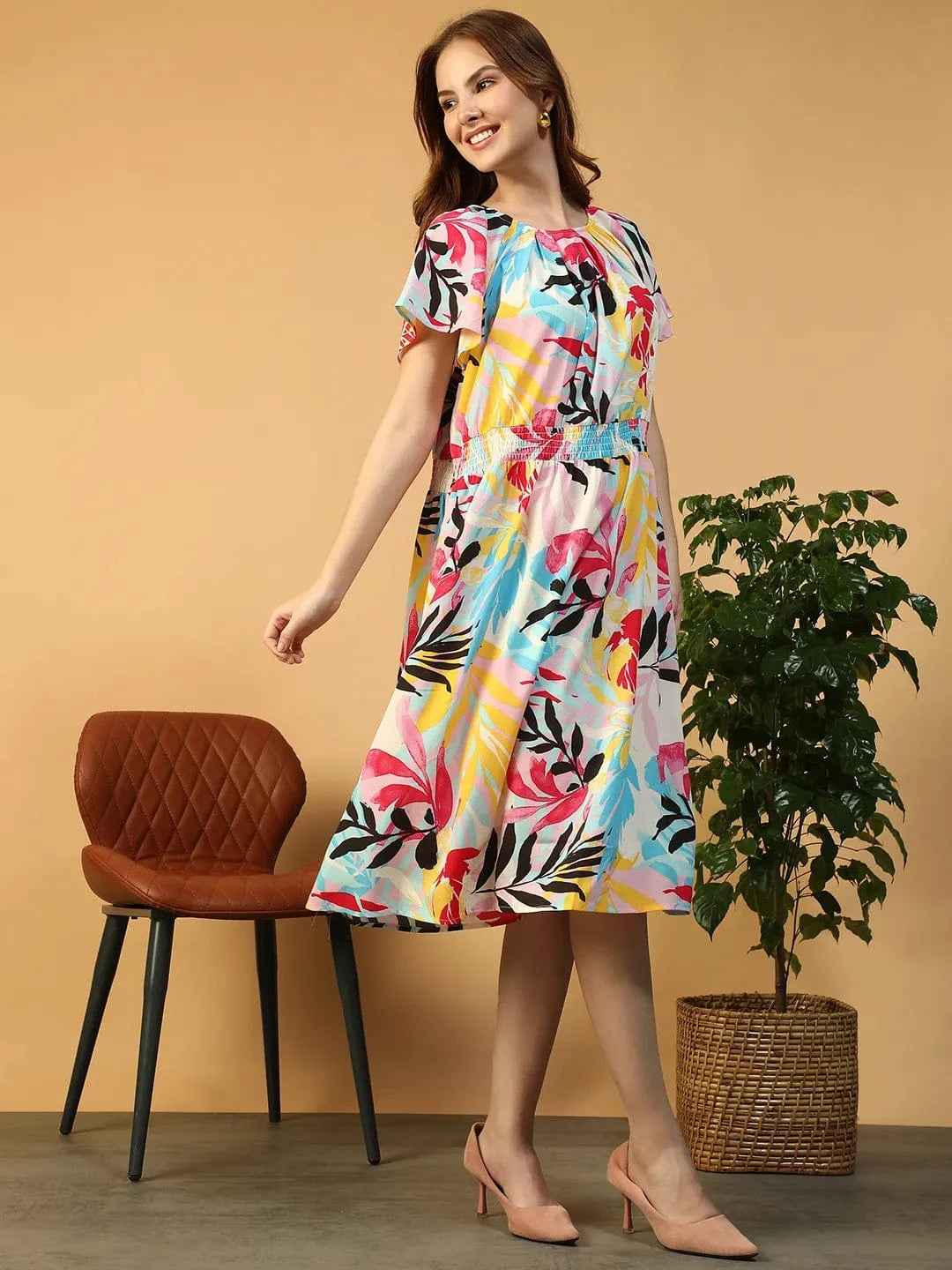 Women Multicolor Tropical Print Dress