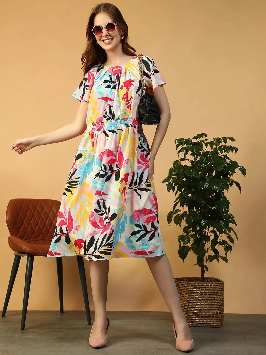 Women Multicolor Tropical Print Dress