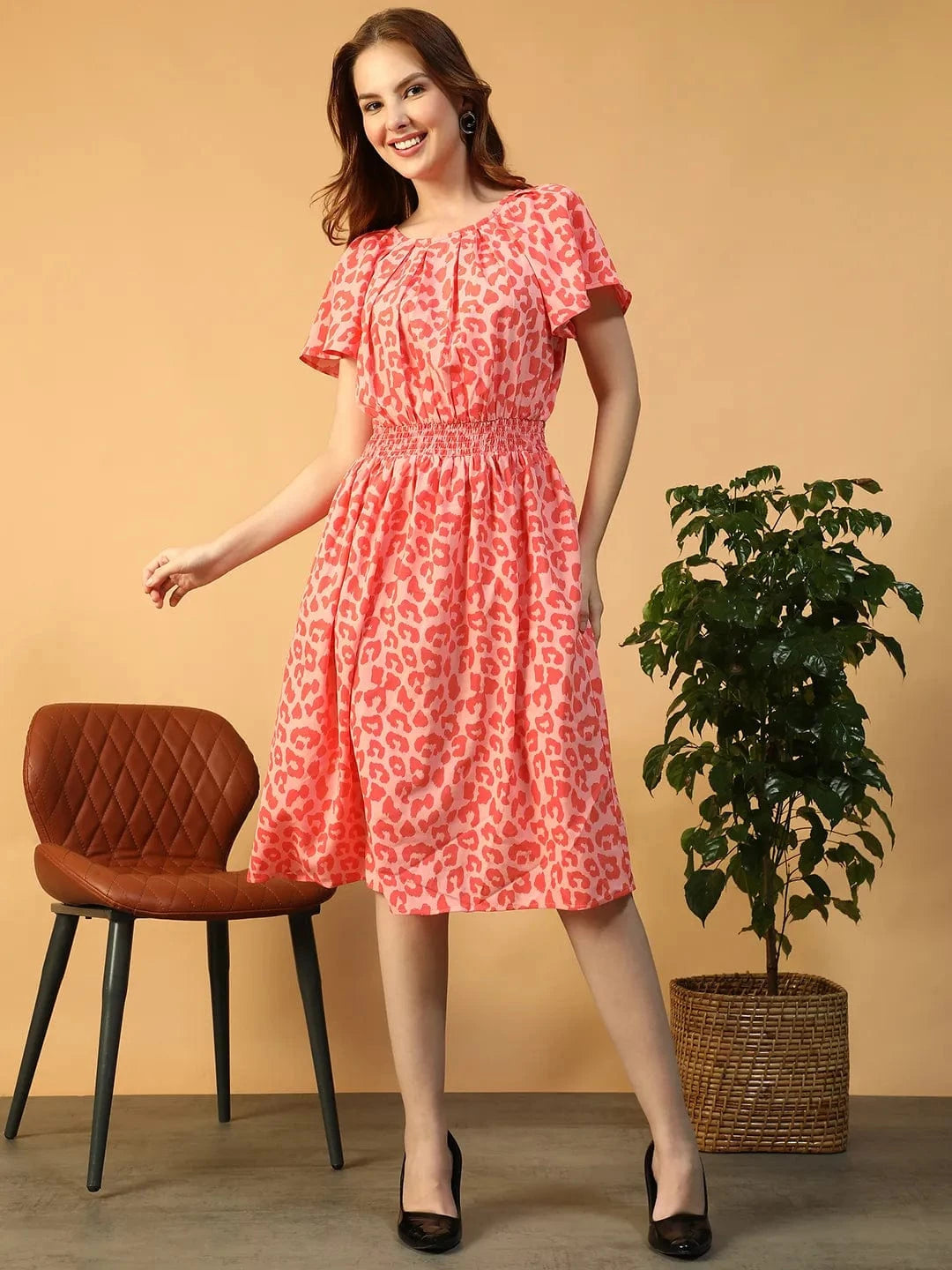 Women Orange Animal Print Dress