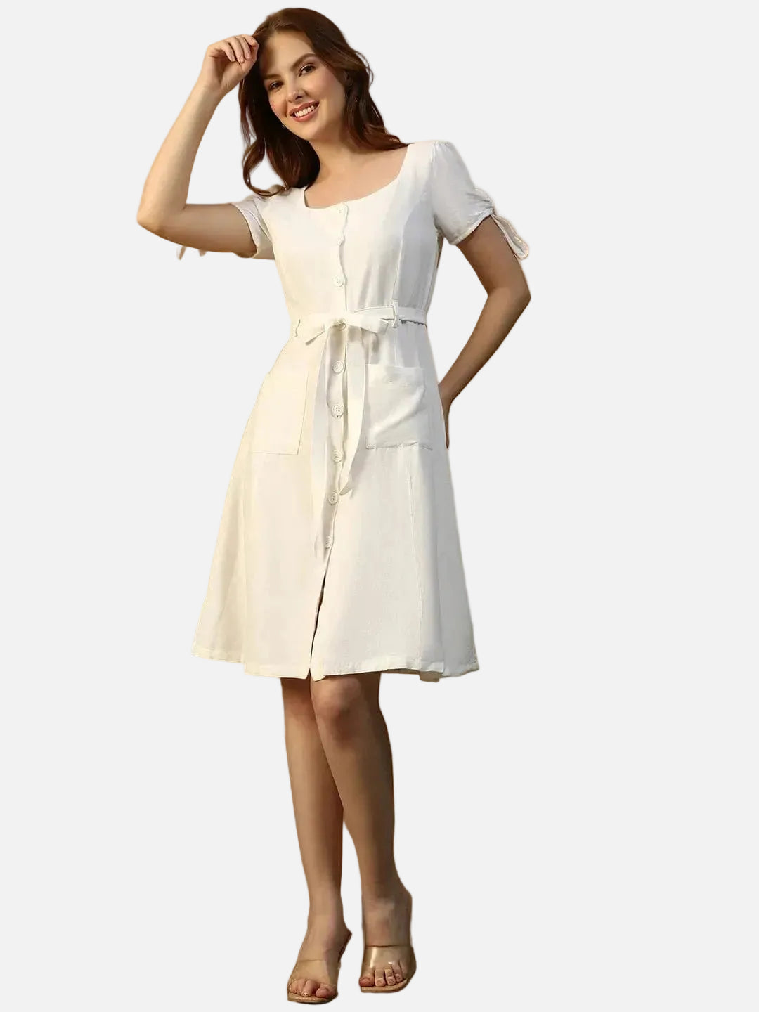 Women White Cotton Linen Dress