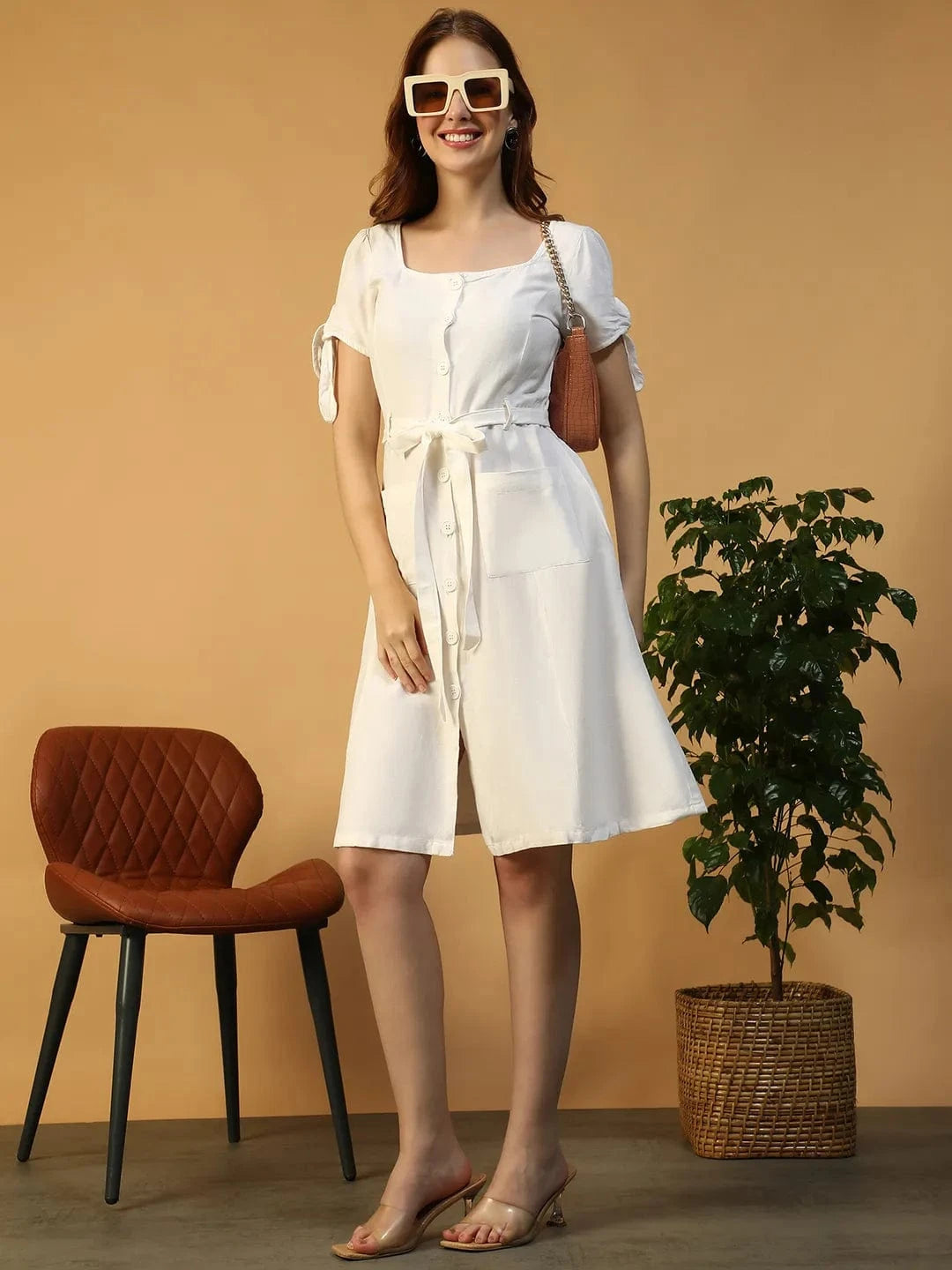 Women White Cotton Linen Dress
