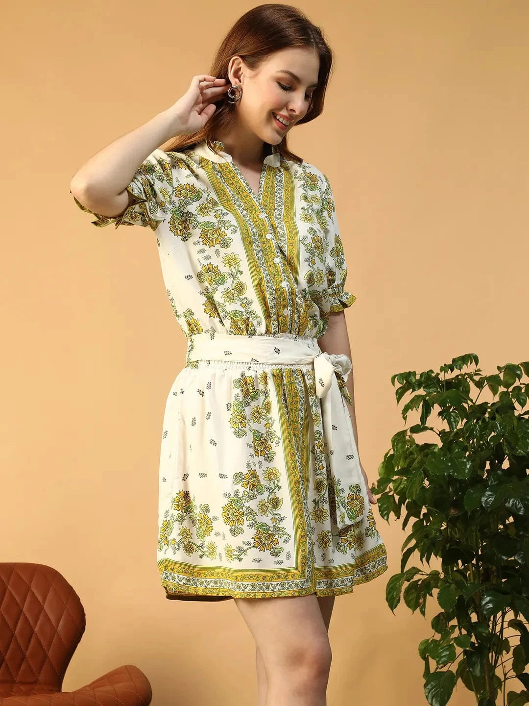 Green Floral Scarf Print Dress