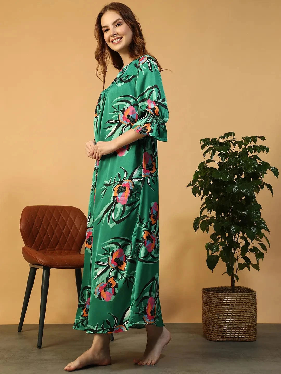 Green Floral Print Nightwear Dress